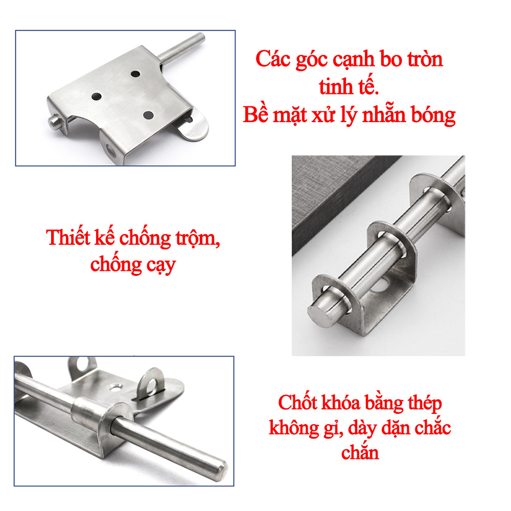 Chốt Khóa Cửa Then Ngang KUNBE Chất Liệu Thép Không Gỉ Có Lỗ Gài Phù Hợp Nhiều Loại Cửa, Tủ