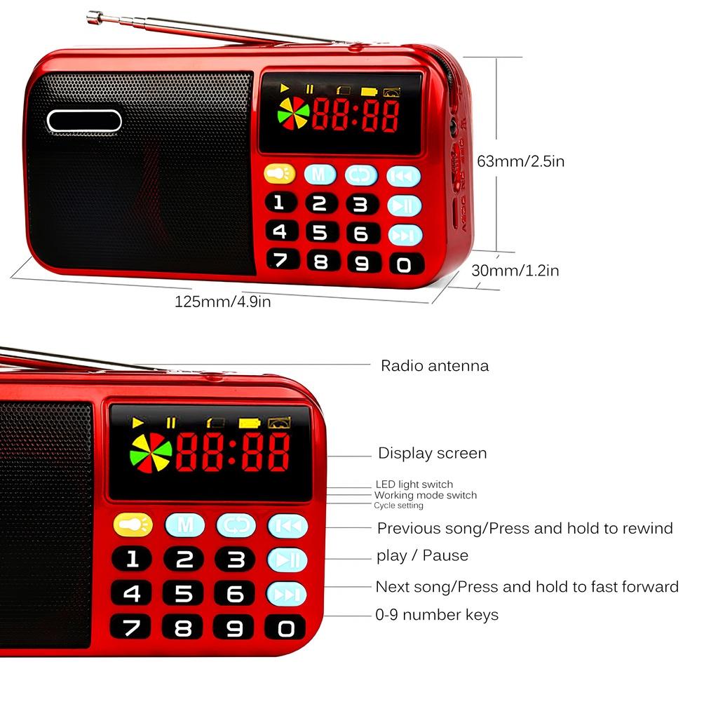 Portable Radio Player Black and Red Color Audio Player FM Digital Player 4000mAh USB Rechargeable Broadcast ELEN