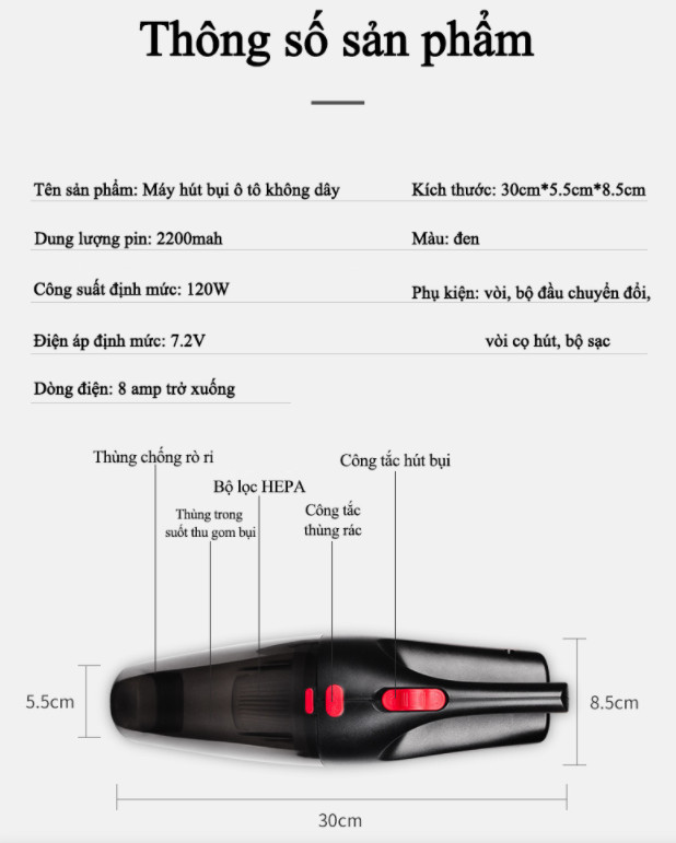 Máy hút bụi ô tô không dây 120W 12V Ướt Và Khô Kép