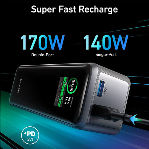 Sạc dự phòng Anker Prime Power Bank 1USB 2Type-C 250W 27650mAh A1340 - Hàng chính hãng