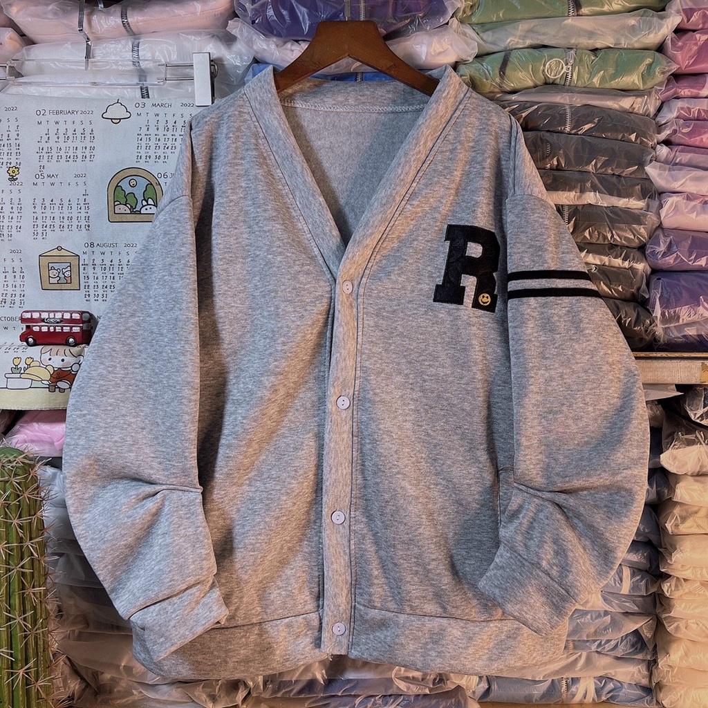 Áo Khoác Cardigan Bomber Nỉ Bông IN LOGO R Sọc Viển Tay Form Rộng Basic Nam Nữ Unisex Ulzzang