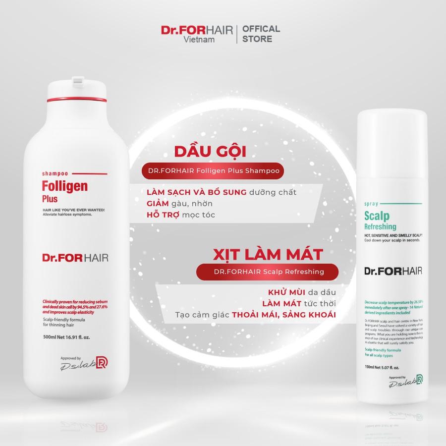 Bộ gội xả dưỡng xịt mát da đầu của Dr.FORHAIR Folligen Plus 500ml x Scalp Pack 250ml x Spray 150ml