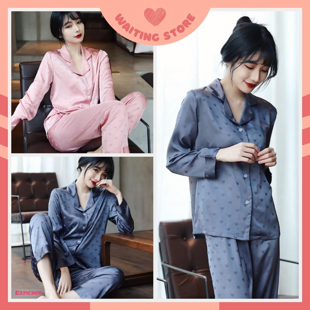 Đồ Bộ Nữ - Đồ Mặc Nhà Dài Tay Vải Lụa Cao Cấp Màu Trơn Xanh và Hồng In Họa Tiết Tim DDLP09