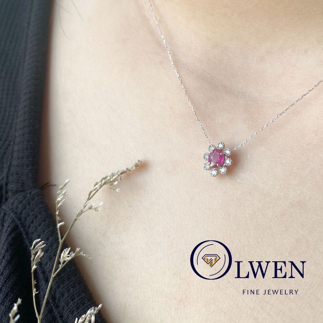 Dây chuyền ruby kim cương thiên nhiên vàng 18K