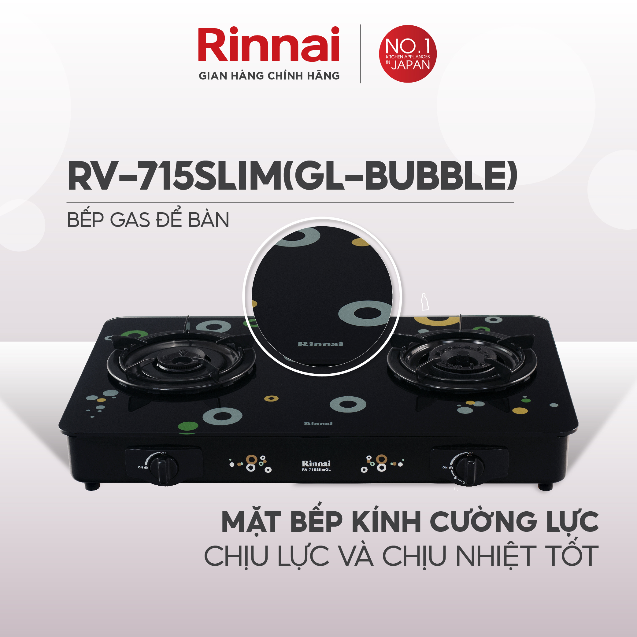 Bếp gas dương Rinnai RV-715Slim mặt bếp kính và kiềng bếp men - Hàng chính hãng.