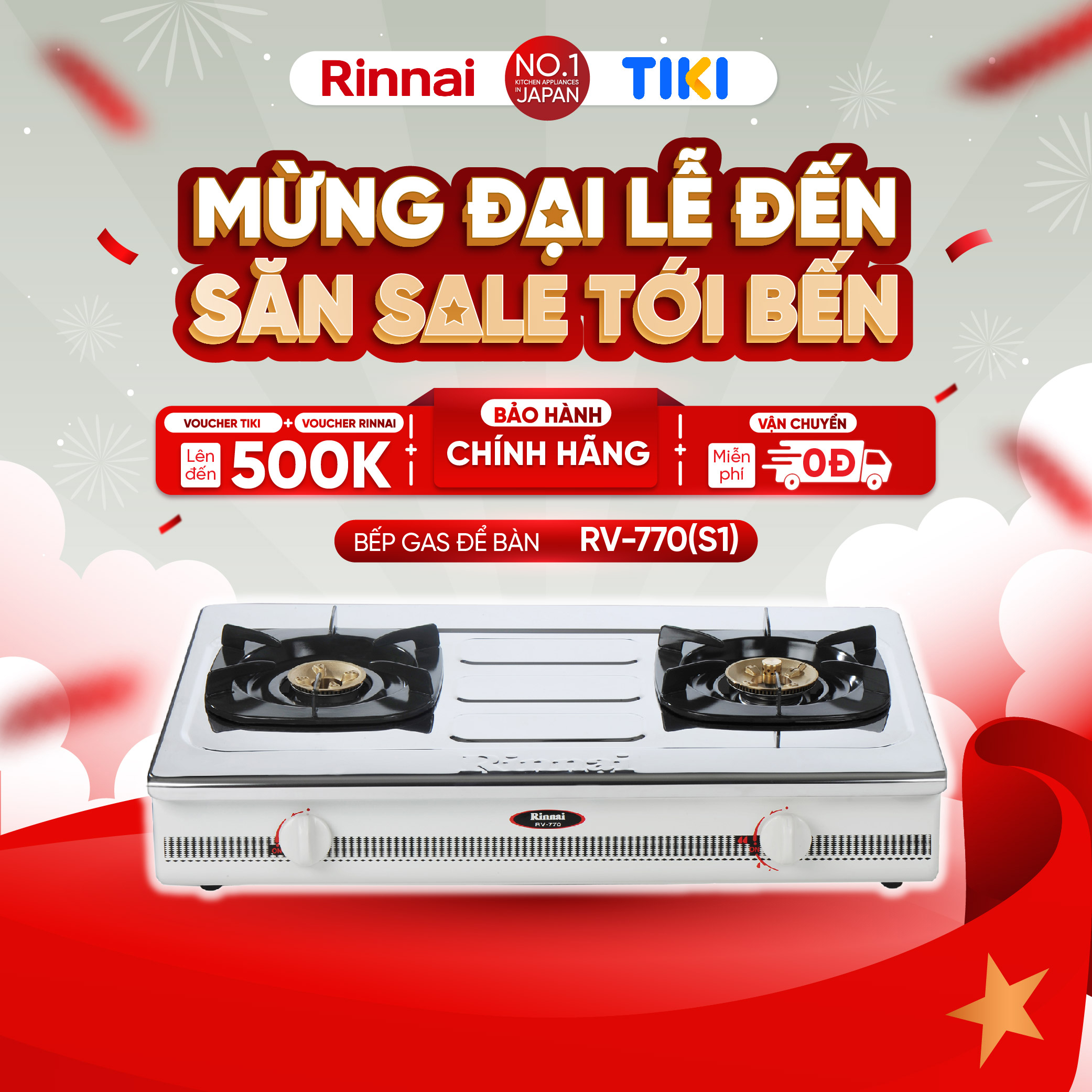 Bếp gas dương Rinnai RV-770(S1) mặt bếp inox và kiềng bếp men - Hàng chính hãng.