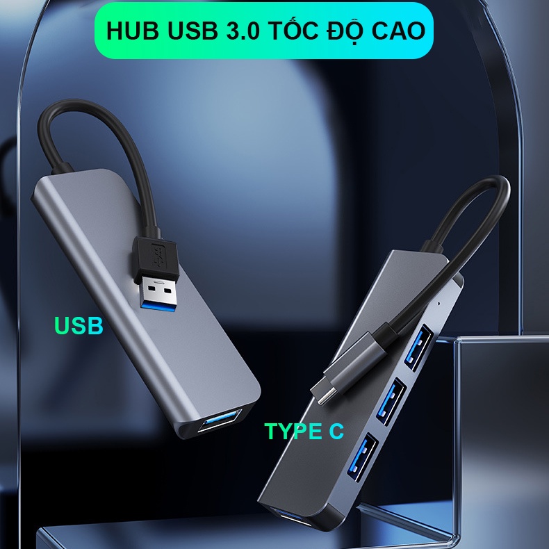 HUB USB 3.0 và HUB Type C tốc độ cao 4 trong 1 hợp kim nhôm cao cấp tương thích cho máy tính, laptop