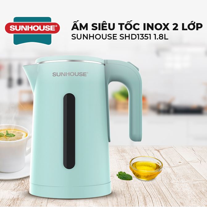 Ấm Đun Siêu Tốc Inox 2 Lớp Sunhouse SHD1351 (1.8 Lít) - Hàng Chính Hãng