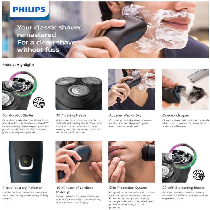 Máy Cạo Râu Thương Hiệu Cao Cấp Philips AquaTouch S1121 Hệ thống lưỡi cạo ComfortCut - HÀNG NHẬP KHẨU