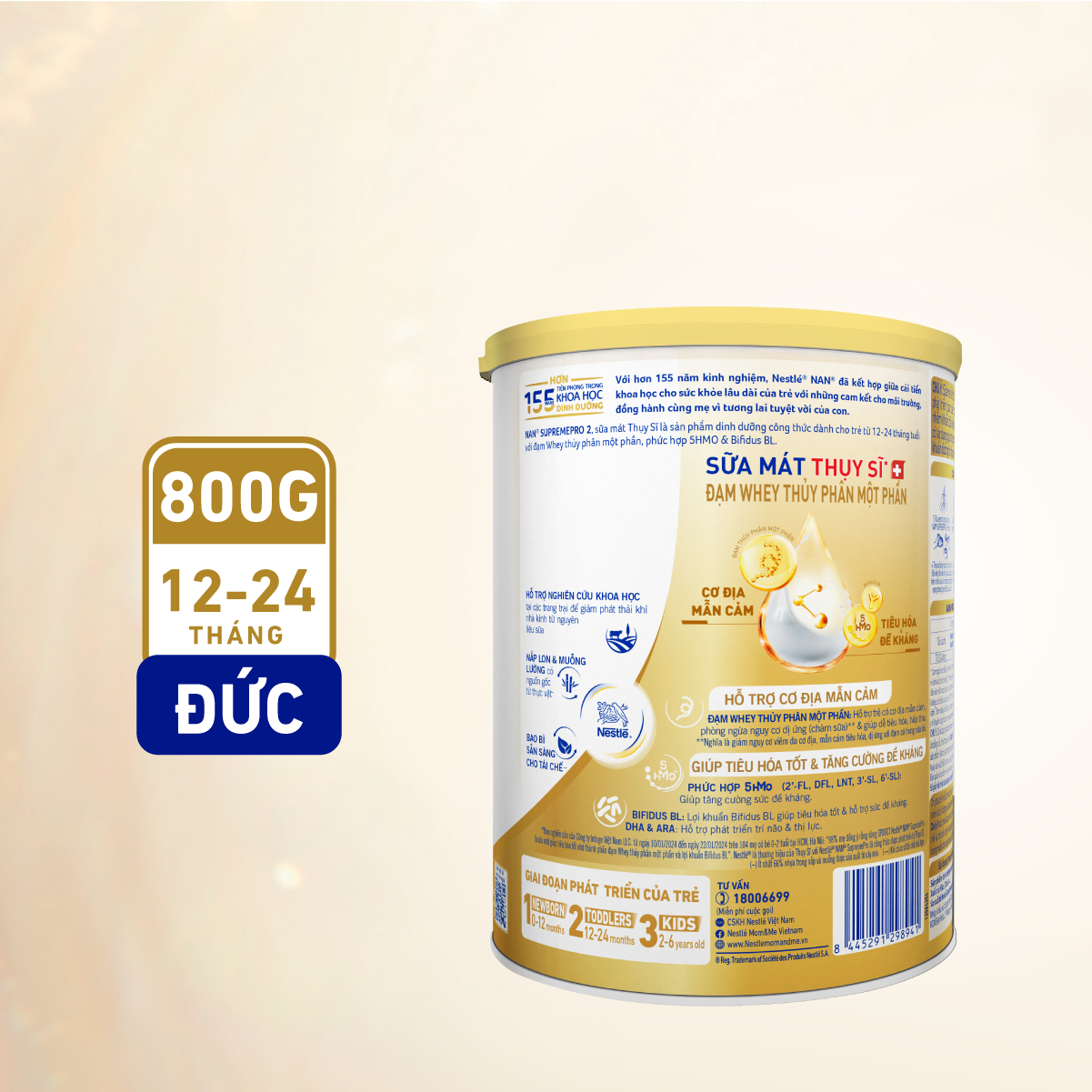 Sữa bột Nestlé NAN SUPREMEPRO 2 800g nhập khẩu Đức với 5HMO &amp; đạm Gentle Optipro ( Dành cho trẻ từ 12 - 24 tháng tuổi)