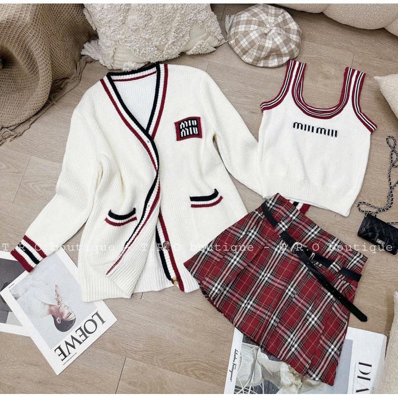 Set 3ct viền đỏ M.iuu: áo len 2s + cardigan + chân váy ly kẻ Tro QC BY JOLIE