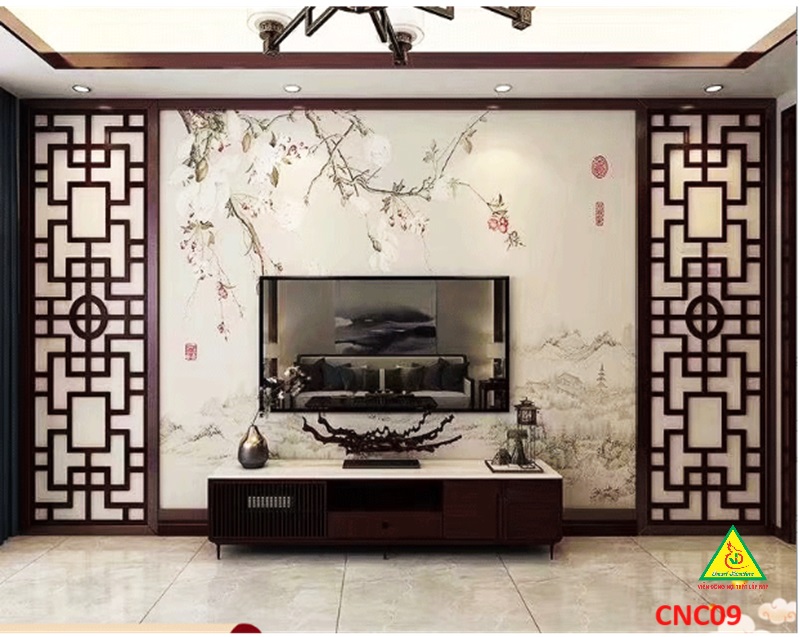 Nền tường phong cách Trung Hoa, bình phong gỗ cắt CNC009 - Nội thất lắp ráp Viendong Adv