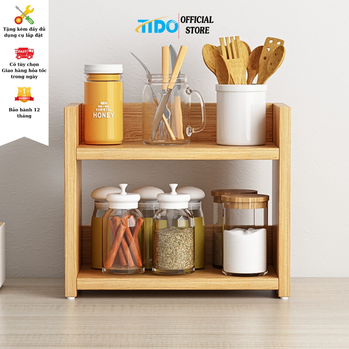 Kệ gỗ để gia vị TIDO kệ để đồ nhà bếp nhiều tầng đa năng thiết kế sang trọng tiện dụng