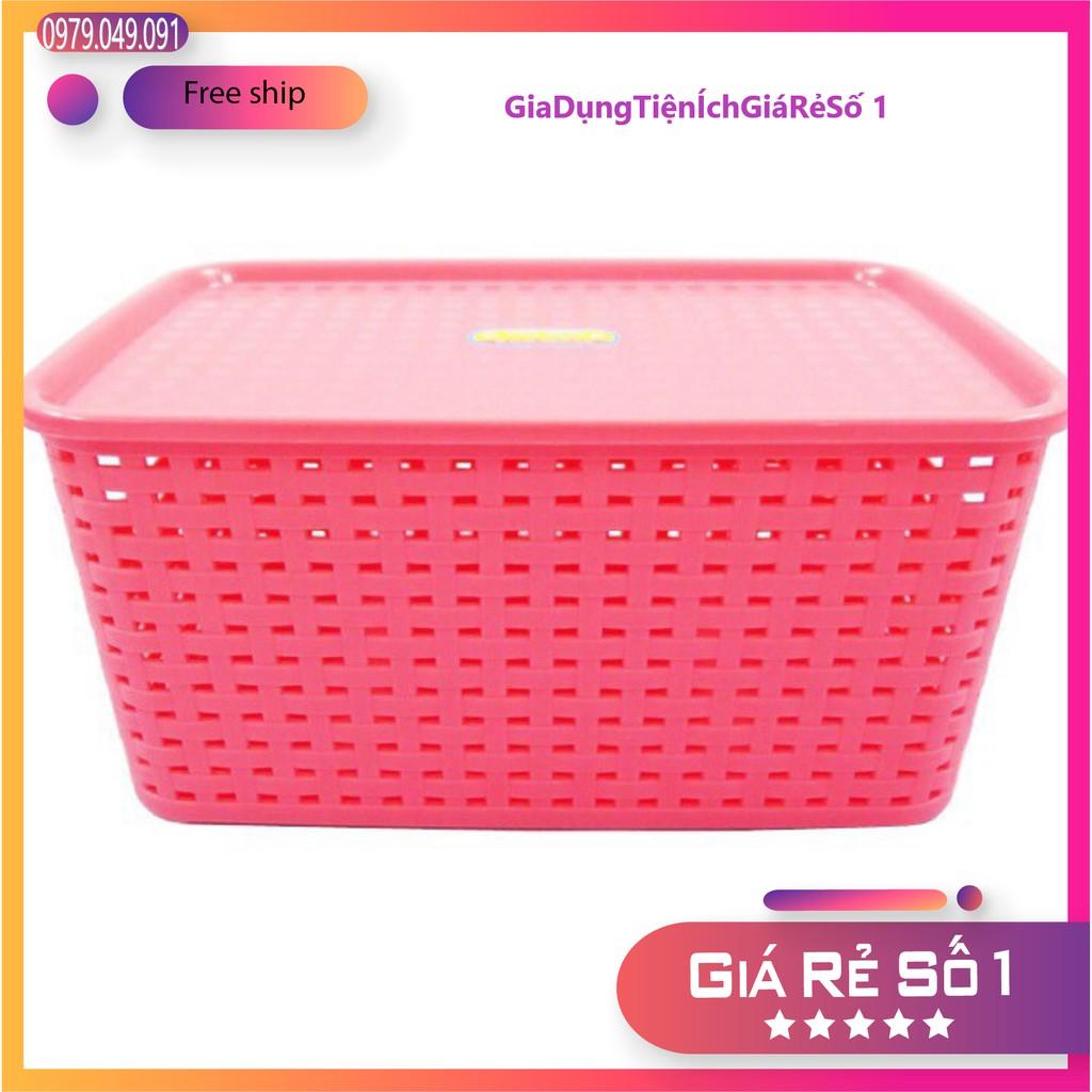 Combo 2 giỏ nhựa đan giả mây đựng đồ kiểu Hàn Quốc có nắp size đại