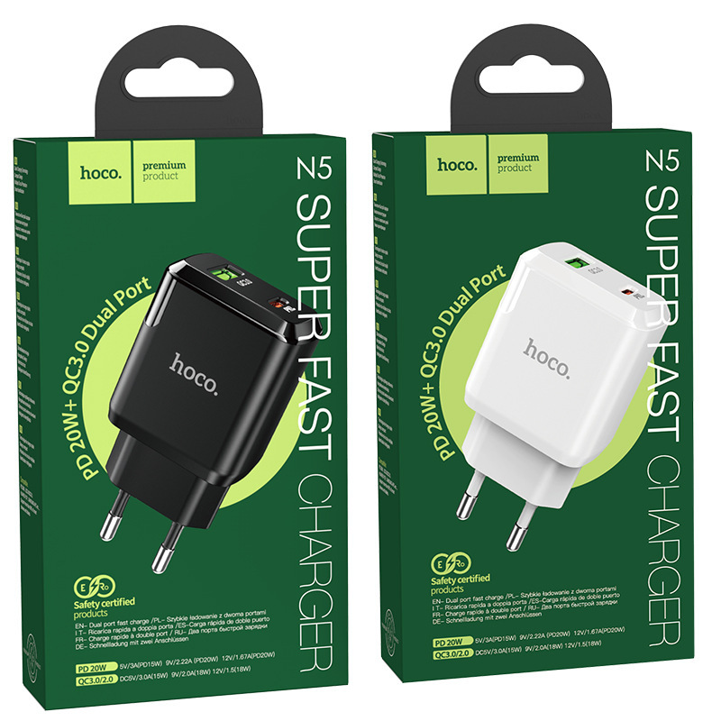 Củ sạc nhanh Hoco N5 (QC, PD 20W) cho android,iphone - Quick Chagre 3.0 -  Phích cắm EU ( chân tròn) - chất liệu PC chống cháy - Thiết kế nhỏ gọn - Hàng chính hãng