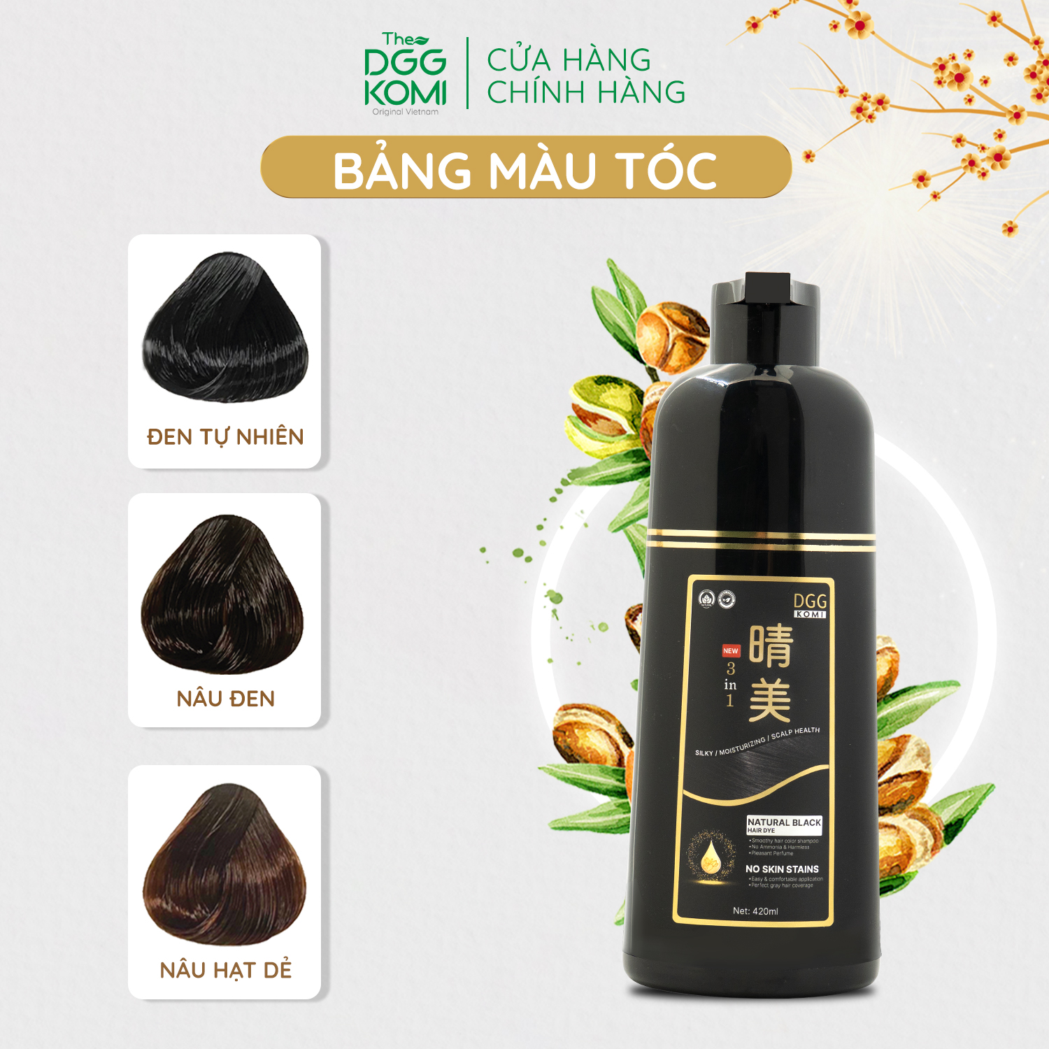 Dầu gội nhuộm tóc thảo dược DGG KOMI Việt Nam lên màu nhanh chóng chuẩn salon chiết xuất thiên nhiên dạng chai 420ml