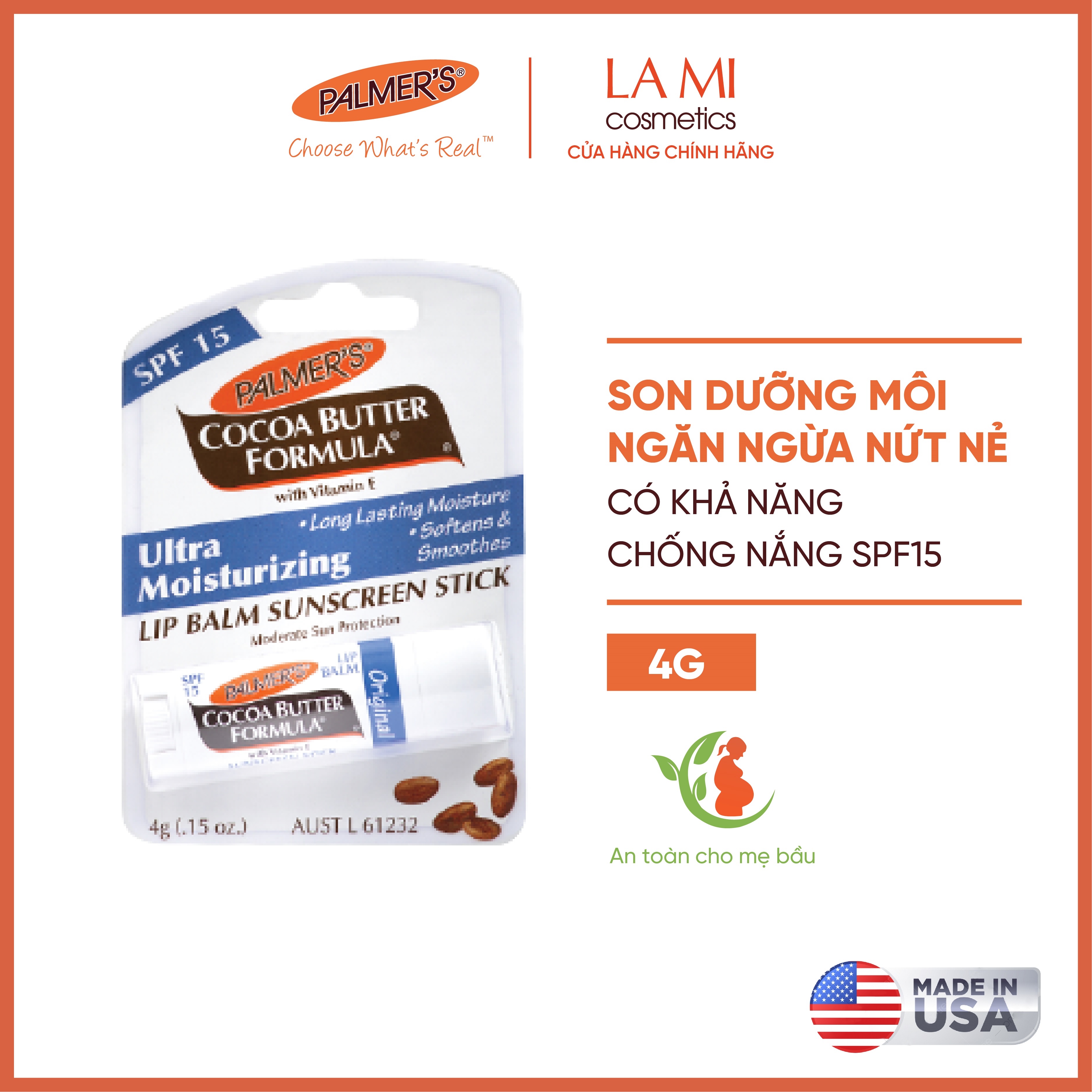 Son dưỡng môi ngăn ngừa khô, nứt nẻ SPF15 - CaCao Palmers 4g