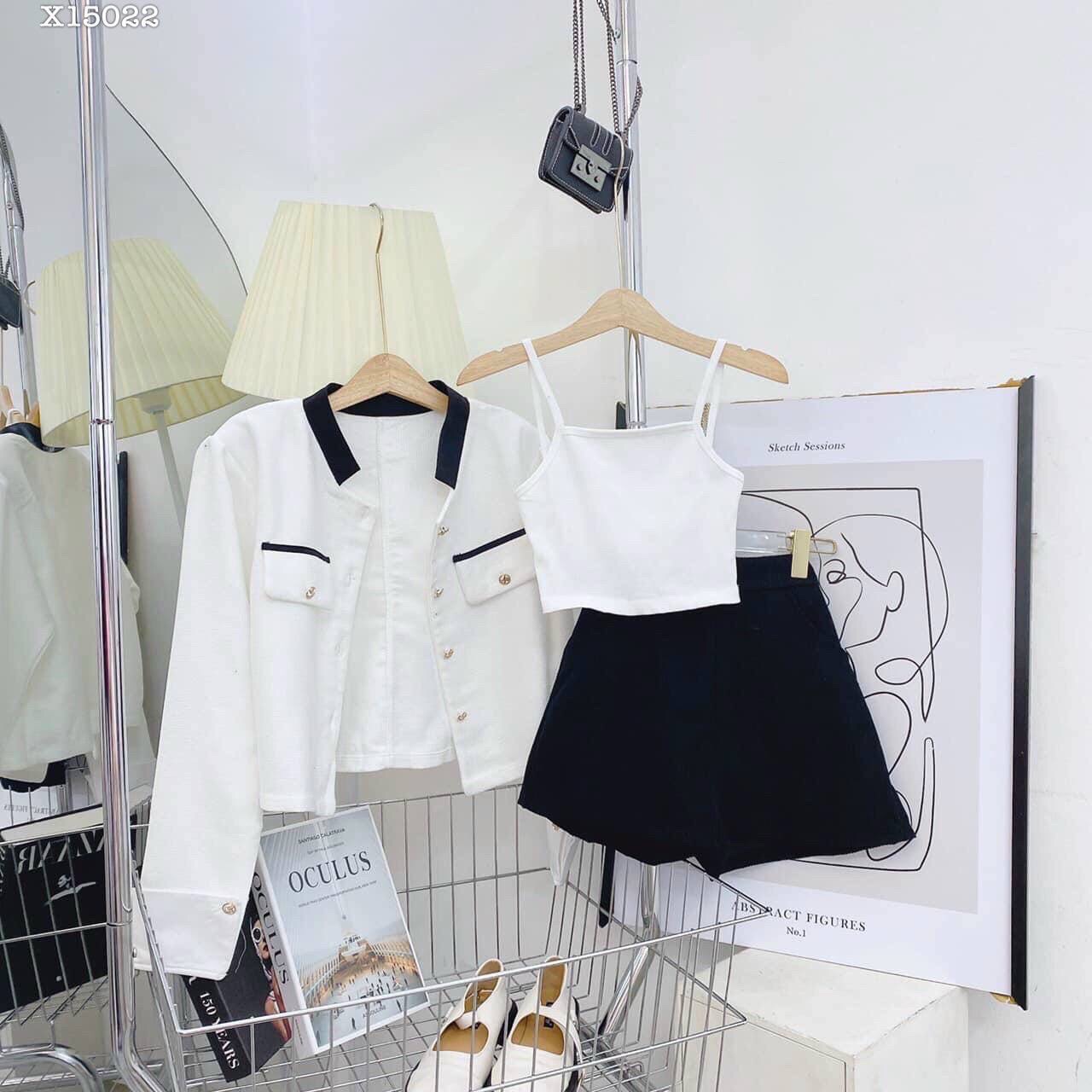 SET ÁO KHOÁC BLAZER / VEST NỮ + ÁO HAI DÂY CROPTOP + QUẦN VÁY NGẮN