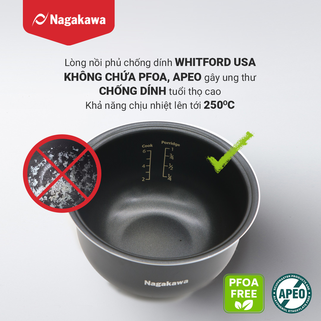 Nồi Cơm Điện Tử Cảm Ứng Nagakawa NAG0136 Trắng - Giảm tinh bột - Lòng niêu chống dính - 11 chức năng (1.2L - 500W) - Hàng Chính Hãng