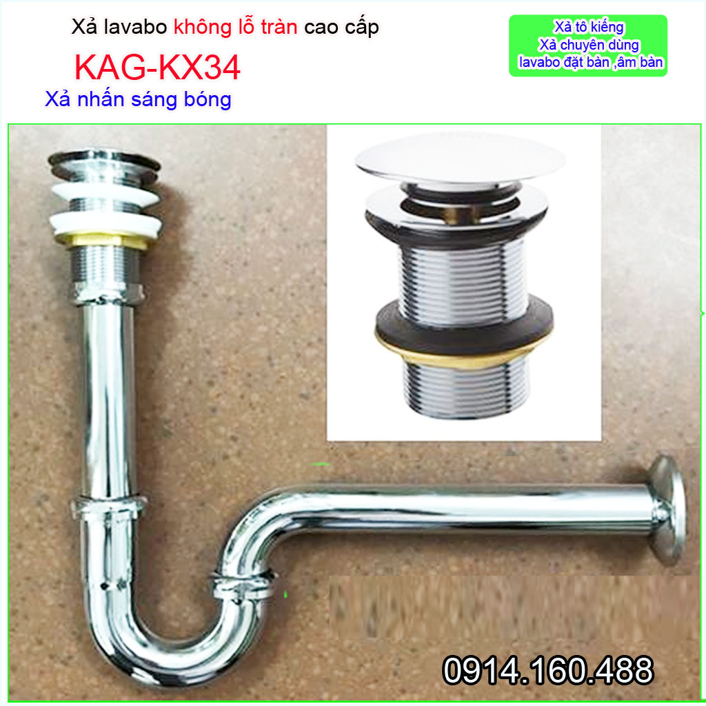 Xả ấn tay lavabo không lỗ tràn KAG-KX34, Bộ ống thải xi phông cho lavabo kính chậu đá mặt kính chất liệu inox dày cao cấp