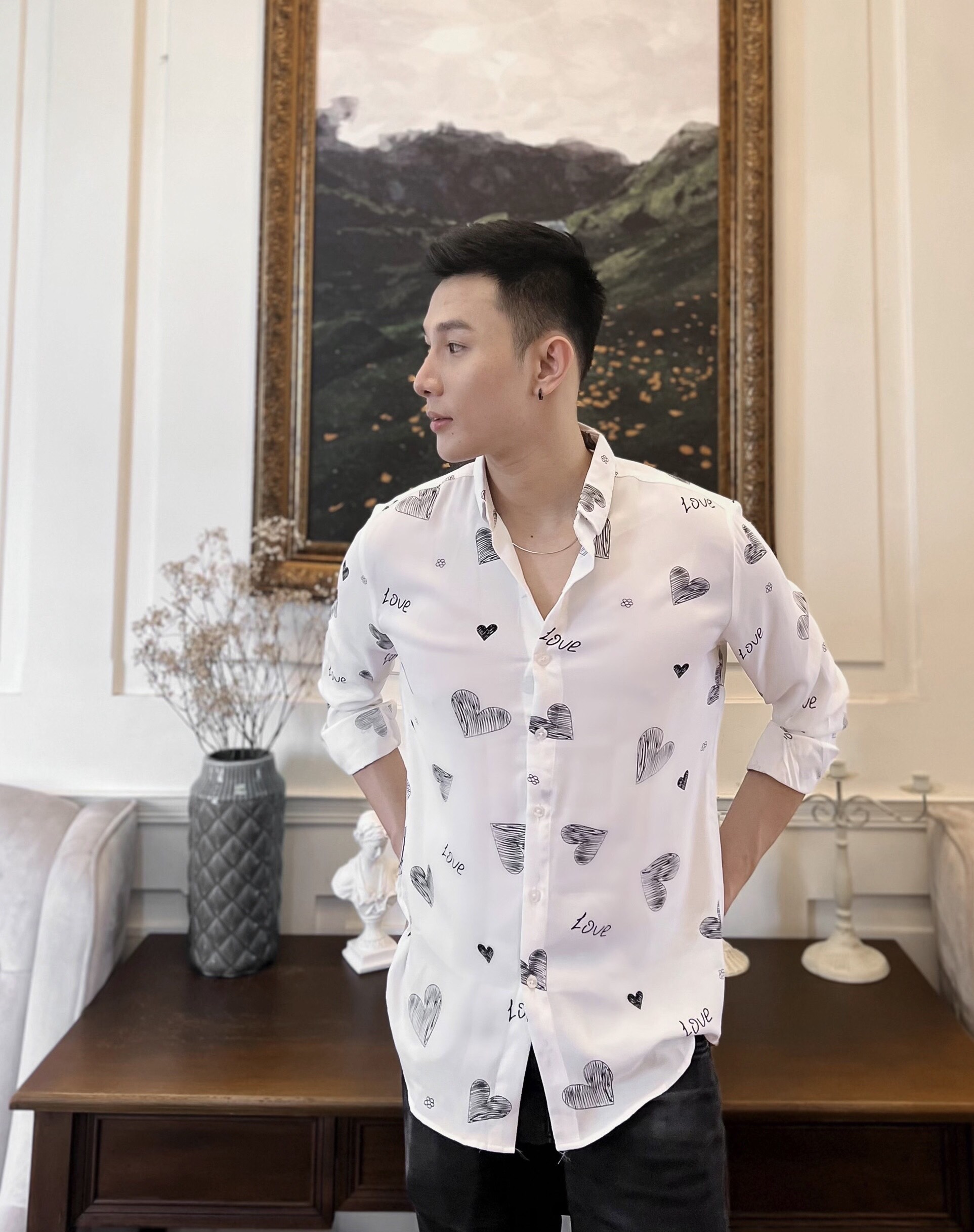 Áo sơ mi lụa tay dài họa tiết S10