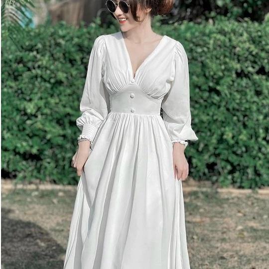Đầm maxi dáng xòe dự tiệc cổ tim hai màu trắng đỏ tiểu thư đi biển dạo phố sang chảnh thời trang váy nữ MINH PHÚC