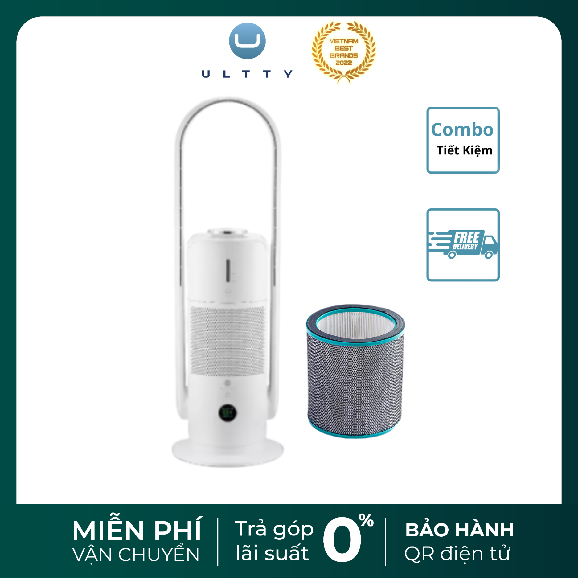 [Nhập CECAMP300KD1 giảm 300K] Combo Máy Lọc Không Khí Bù Ẩm ULTTY SKJ - CR022 Dạng Quạt, Khử Khuẩn Bằng Tia UV + Màng lọc HEPA H14 Nano Phân Tử Bạc - Hàng Chính Hãng