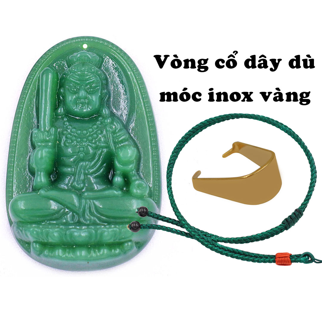 Mặt dây chuyền Phật Bất động minh vương đá xanh lá 3.6 cm kèm móc inox vàng và vòng cổ dây dù xanh lá, Mặt Phật bản mệnh