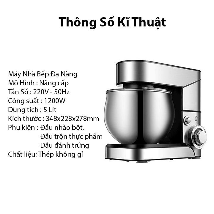 Máy nhào bột, đánh trứng, trộn thực phẩm làm bánh 5 lít 1200W Hàng Chính Hãng