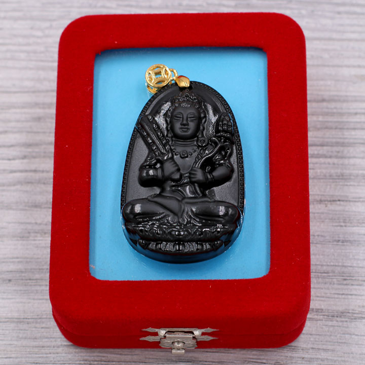 Mặt Phật Hư Không Tạng bồ tát - thạch anh đen 4.3cm - kèm hộp nhung - tuổi Sửu, Dần