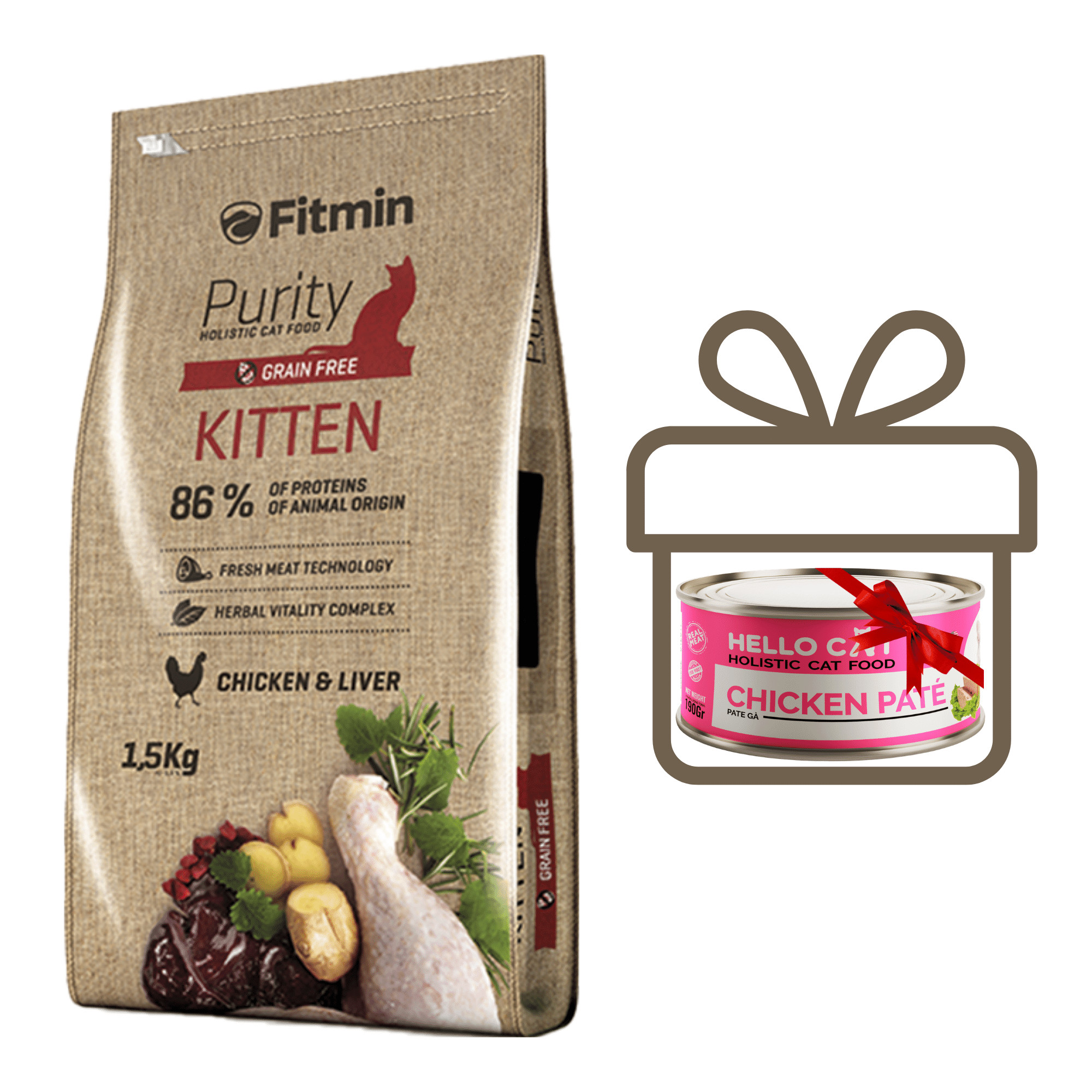 Combo Fitmin Cat Purity Kitten Thức Ăn Đặc Biệt Giàu Đạm Động Vật Dành Cho Mèo Dưới 12 Tháng Tuổi, Đang Mang Thai Và Cho Con Bú - TẶNG 1 Lon Pate Tươi Hello Cat Pate 190G