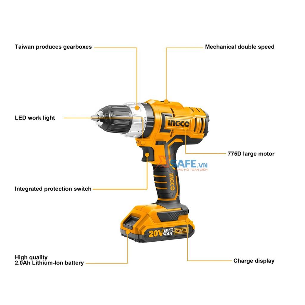 Máy khoan búa dùng pin Lithium 20V INGCO CIDLI20031 Tặng kèm 53 món gồm 2 pin, 1 sạc và 50 món linh kiện có đèn LED