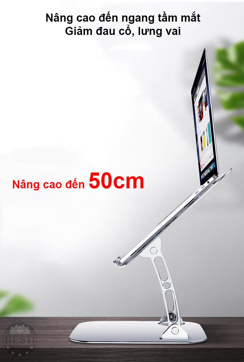 Giá Đỡ Laptop, Máy Tính, iPad, Macbook Hợp Kim Nhôm Cao Cấp. Hỗ Trợ Tản Nhiệt Chống Mỏi Cổ, Vai, Gáy - Hàng Chính Hãng Besti