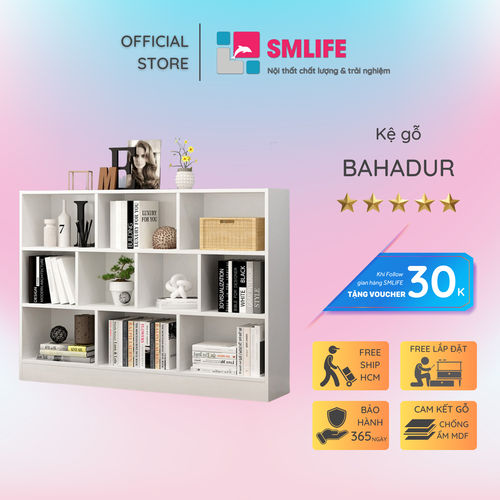 Giá sách gỗ công nghiệp đẹp phong cách hiện đại SMLIFE Bahadur