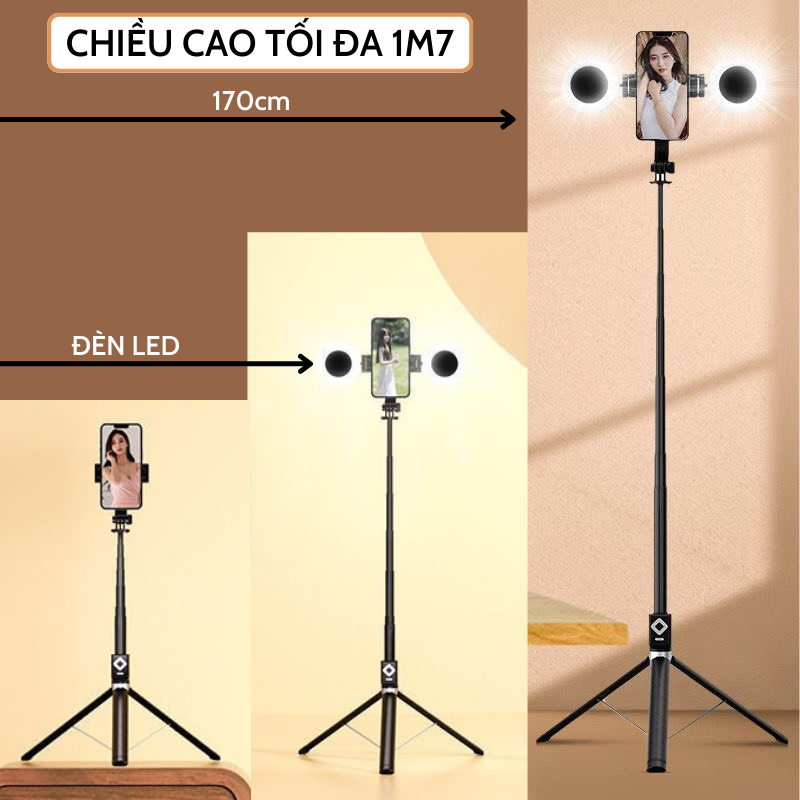 Tripod mini - Gậy chụp ảnh - gậy tự sướng bluetooth không dây BT11 Selfie stick Tripod CAO1,7 mét kèm đèn led và điền khiển chụp ảnh từ xa - Giao màu ngẫu nhiên - Hàng Chính Hãng