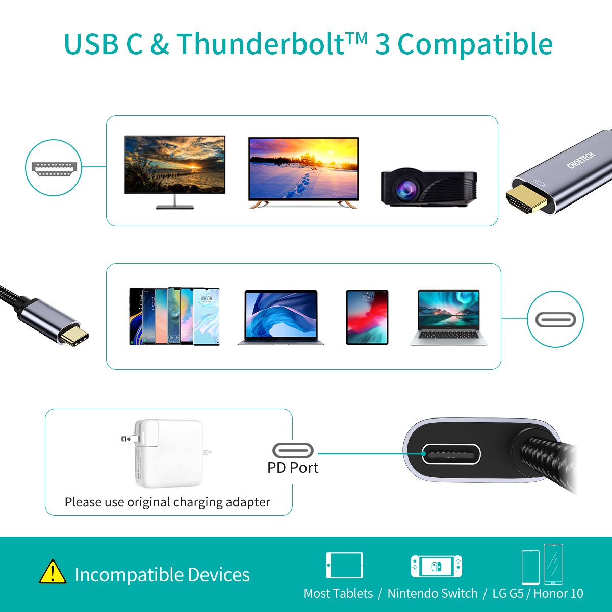 Dây Cáp Chuyển Đổi Type C To HDMI 4K 60Hz CHOETECH XCH-M180 Dây Nylon Dài 1.8M, Tương Thích Thunderbolt 3 Dành Cho Macbook, Kèm Cổng Type C Sạc Nhanh 60W - Hàng Chính Hãng