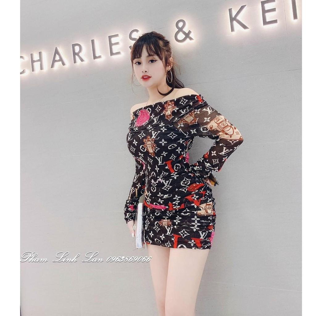 Đầm body trễ vai tay dài hoạ tiết kèm mút
