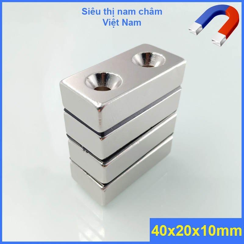Nam châm 40x20x10mm côn 2 lỗ, nam châm đất hiếm siêu mạnh