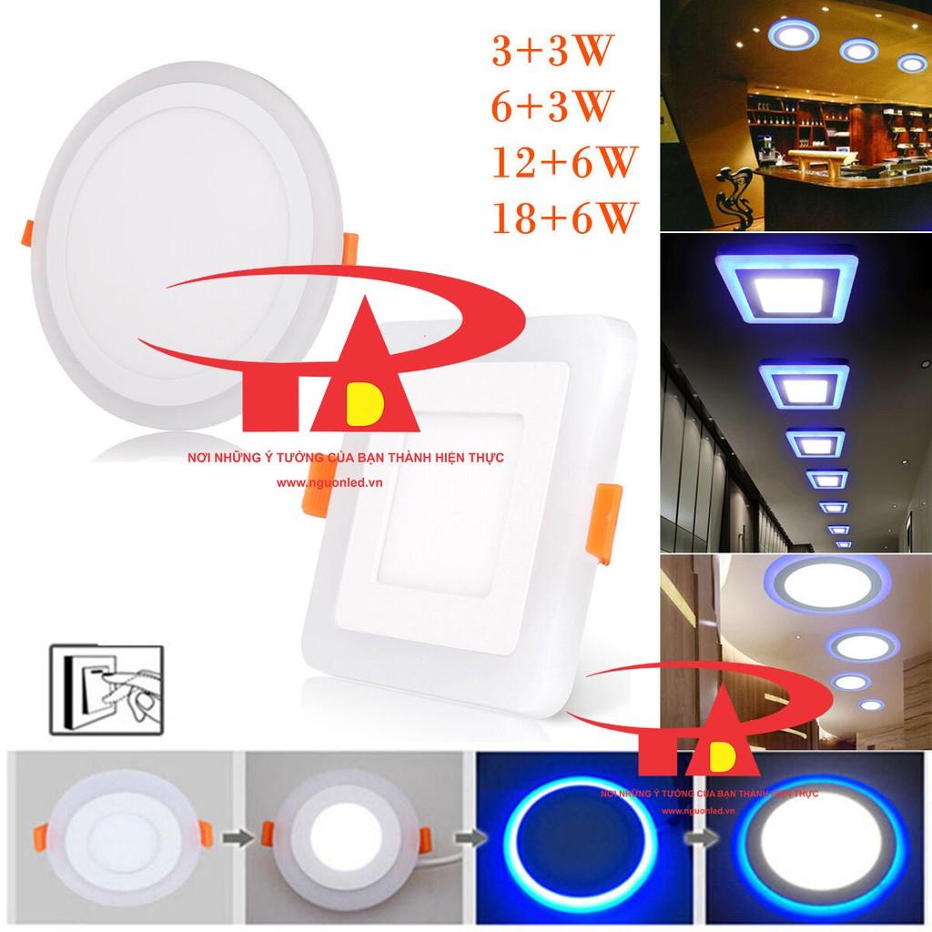 Đèn led âm trần tròn, vuông siêu sáng (NÊN MUA) Công suất 3+3, 6+3, 12+4, 18+6, ba chế độ sáng, viền xanh dương