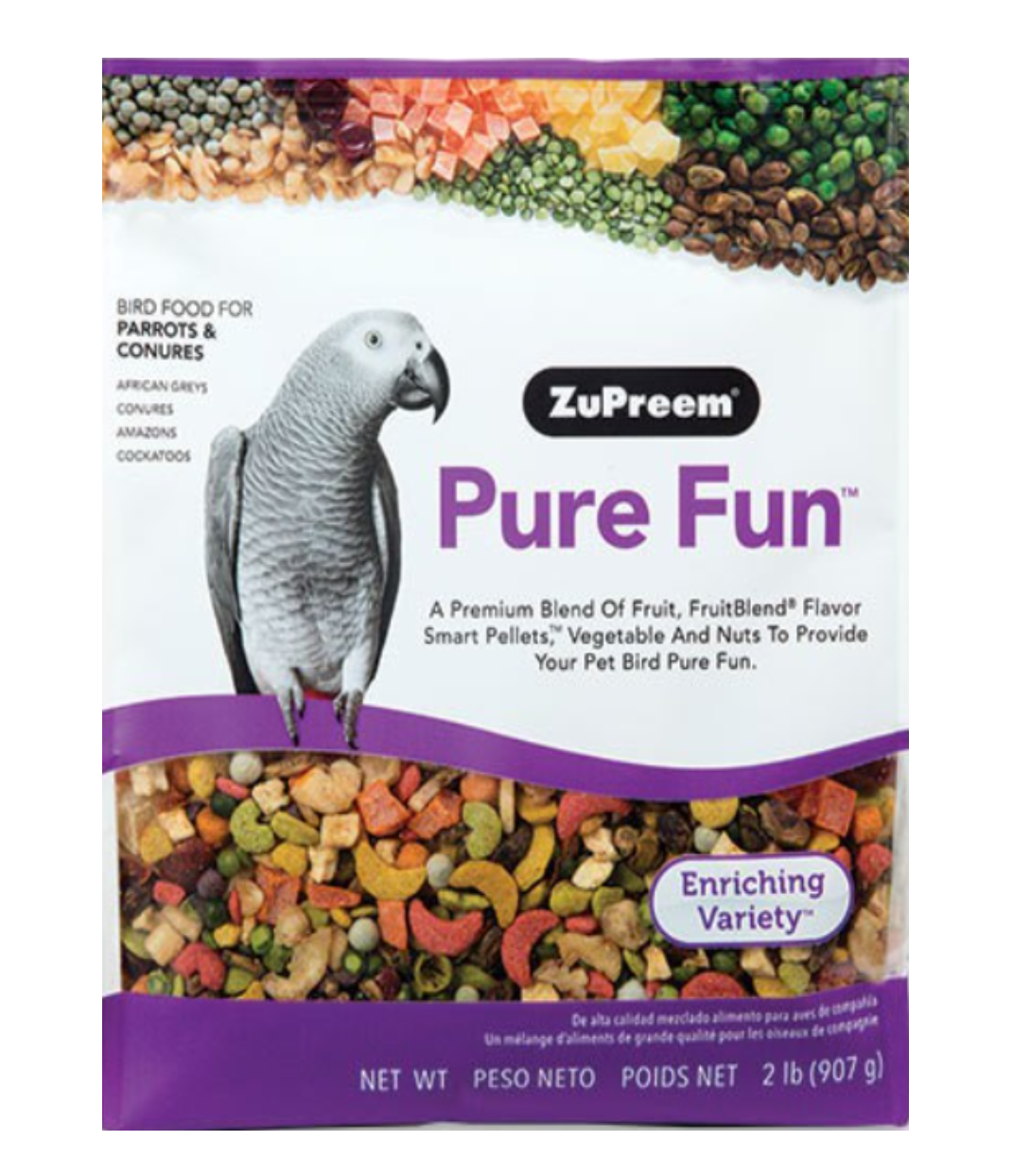 1 bịch hạt trộn rau củ và trái cây cao cấp cho vẹt Pure Fun dành cho xám, cockatoo, amazon, macaw