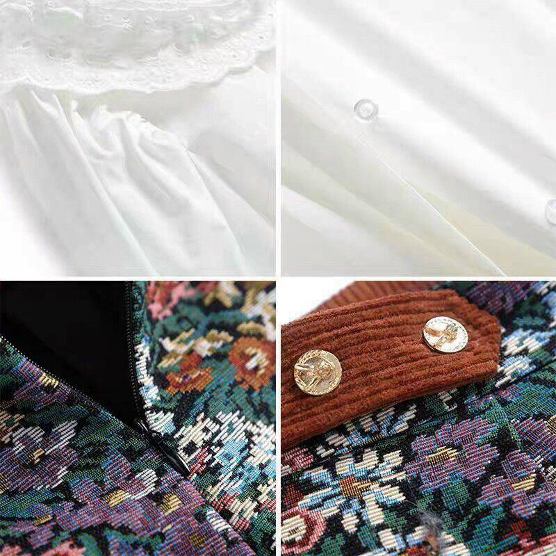 SET ÁO SƠ MI CỔ REN QUẦN GẤM HOA CAO CẤP