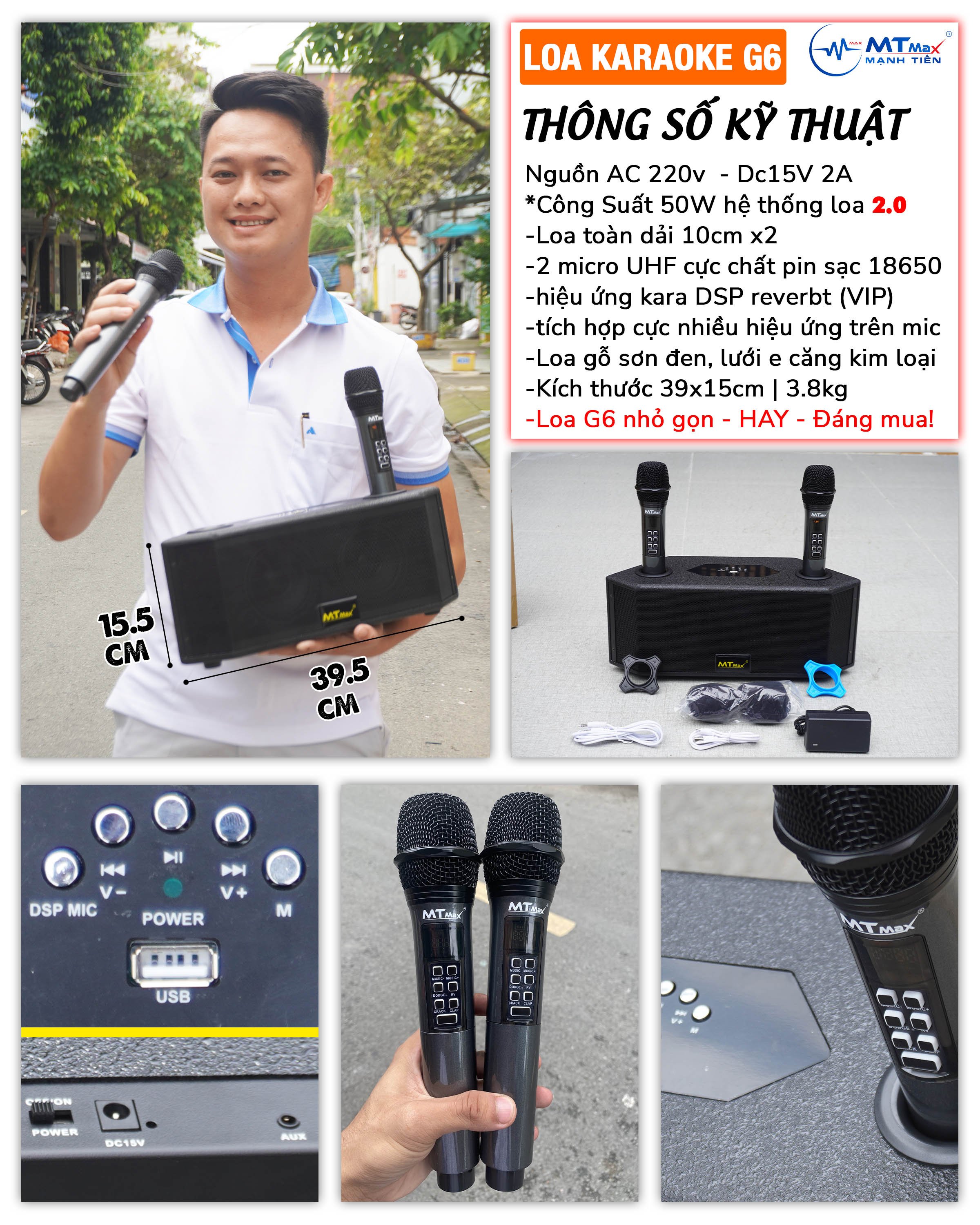 Loa di động MTMAX G6 cao cấp nhỏ gọn hát cực hay 2 mic G6 có thể sạc trực tiếp lại viên pin sạc 18650 cực kỳ tiện ích hàng chính hãng