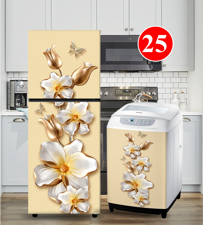 Decal dán tủ lạnh - máy giặt Hoa lan vàng 3D Huedecor chống nước, sẵn keo, đủ kích cỡ