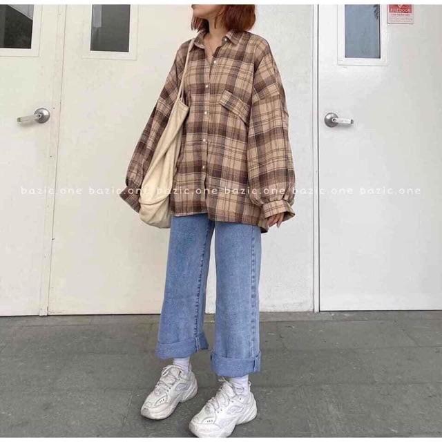 Sơ mi kẻ nắp túi tay bồng