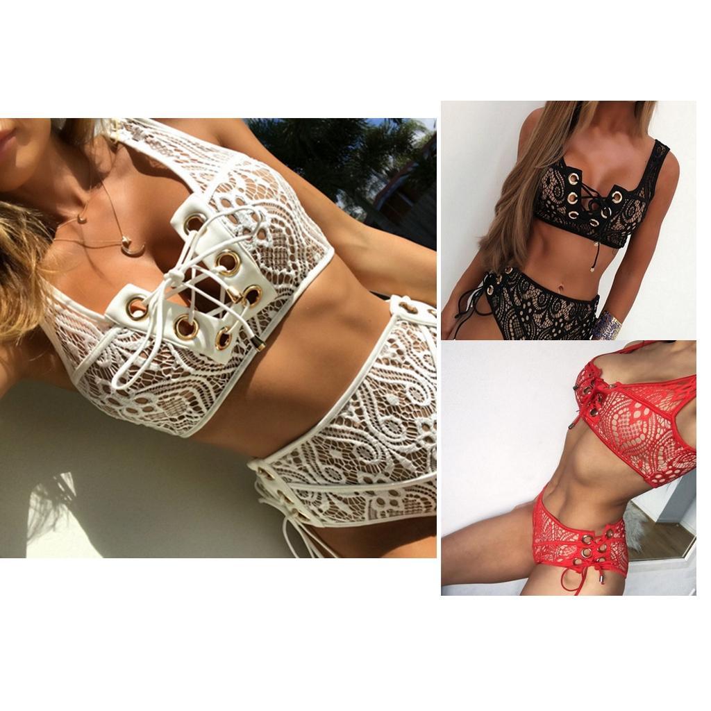 Women's High Waist Bikini Lace Up Swimwear Bikini Two Pieces Bandage Swimsuit