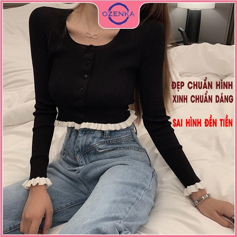 Áo khoác cardigan croptop tay dài nữ OZENKA , ao crt ôm body dệt kim len gân đẹp 100% cotton đen trắng free size