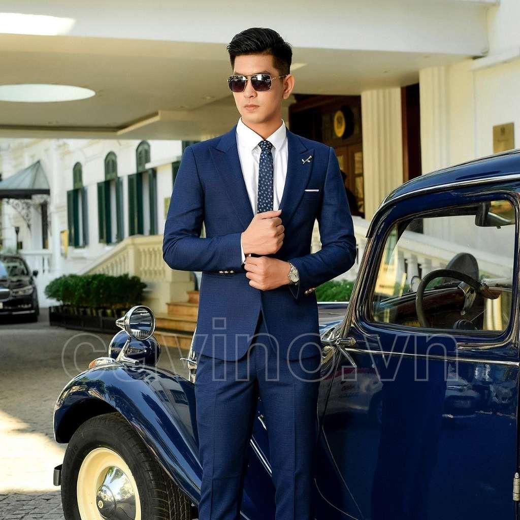 Bộ vest nam xanh navy kẻ nhỏ cao cấp CAVINO 711
