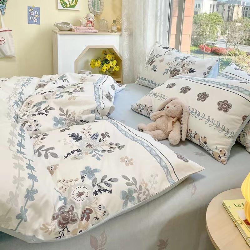 Bộ Chăn Ga Gối Côtton Living 100%cotton Hàng Nhập Khẩu Cao Cấp 4 Món Hoa Xanh