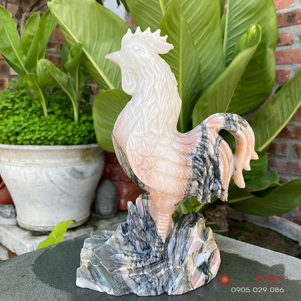 Tượng gà 12 con giáp phong thủy đá hồng vân dây 23cm - đá Non Nước