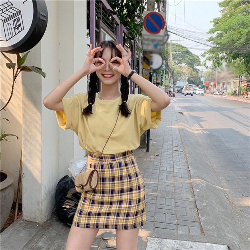 Women Fashion Stitching Color Lattice High Waist Skirt Slim A Line Skirt